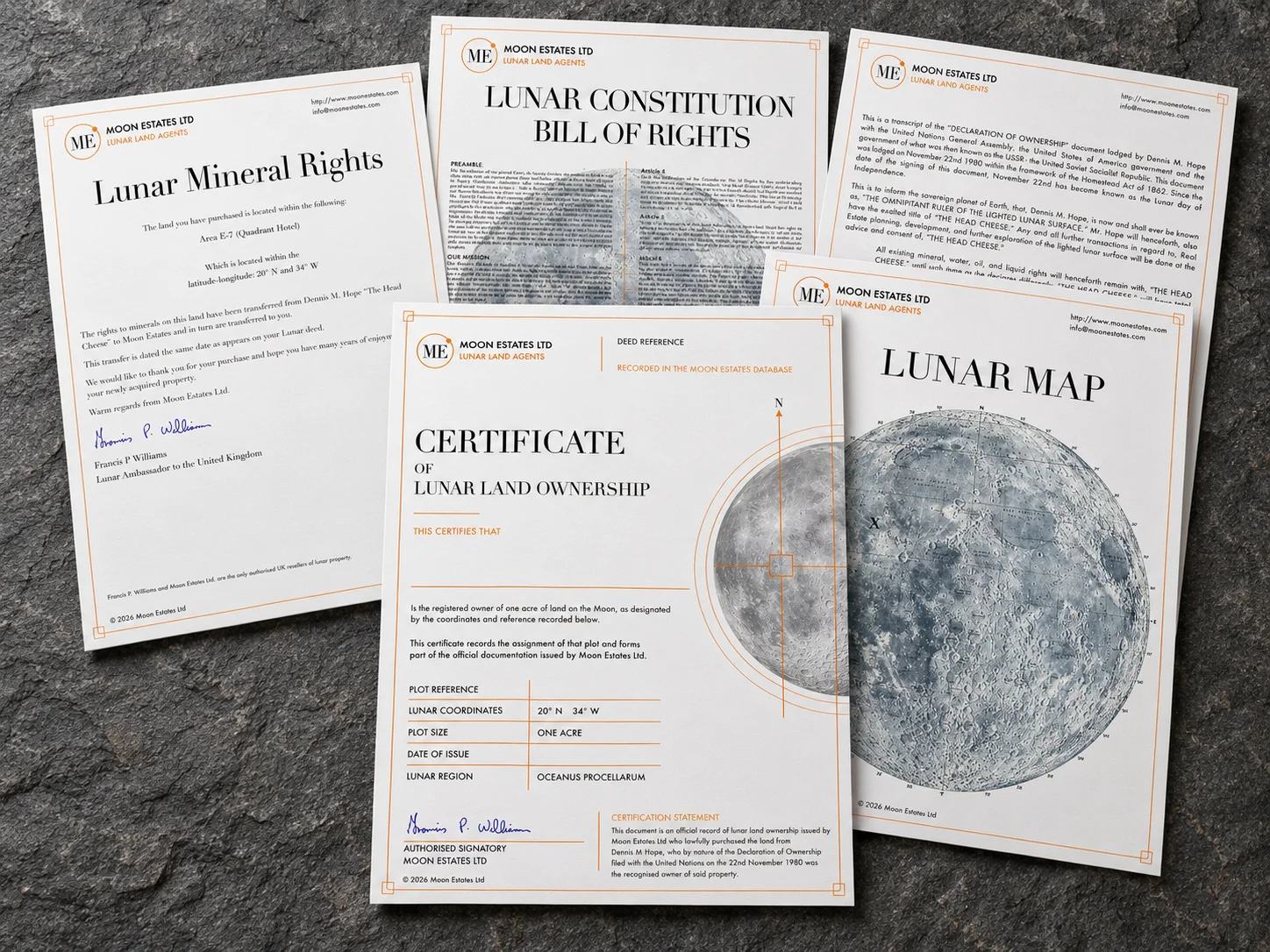 The five Moon Estates documents laid out together: the Certificate of Lunar Land Ownership, Lunar Map, Lunar Mineral Rights, Lunar Constitution Bill of Rights and Declaration of Ownership transcript